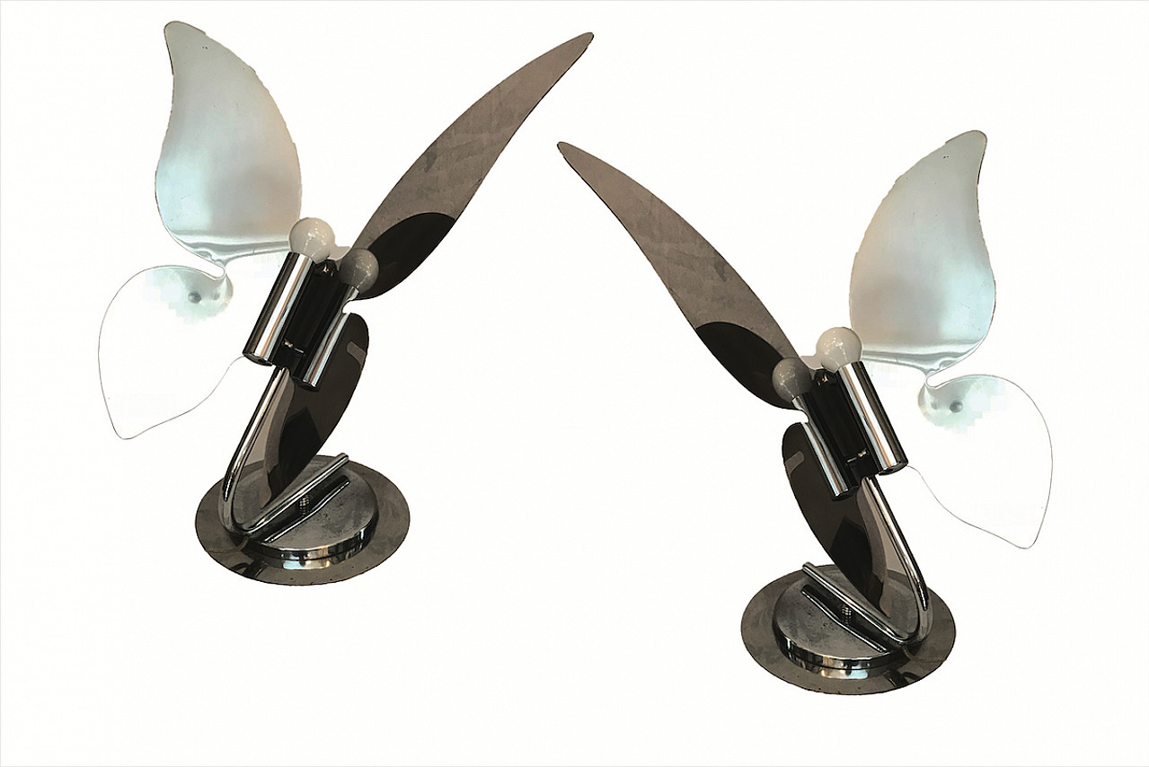 Pair of butterfly-shaped metal table lamps, 80s 1