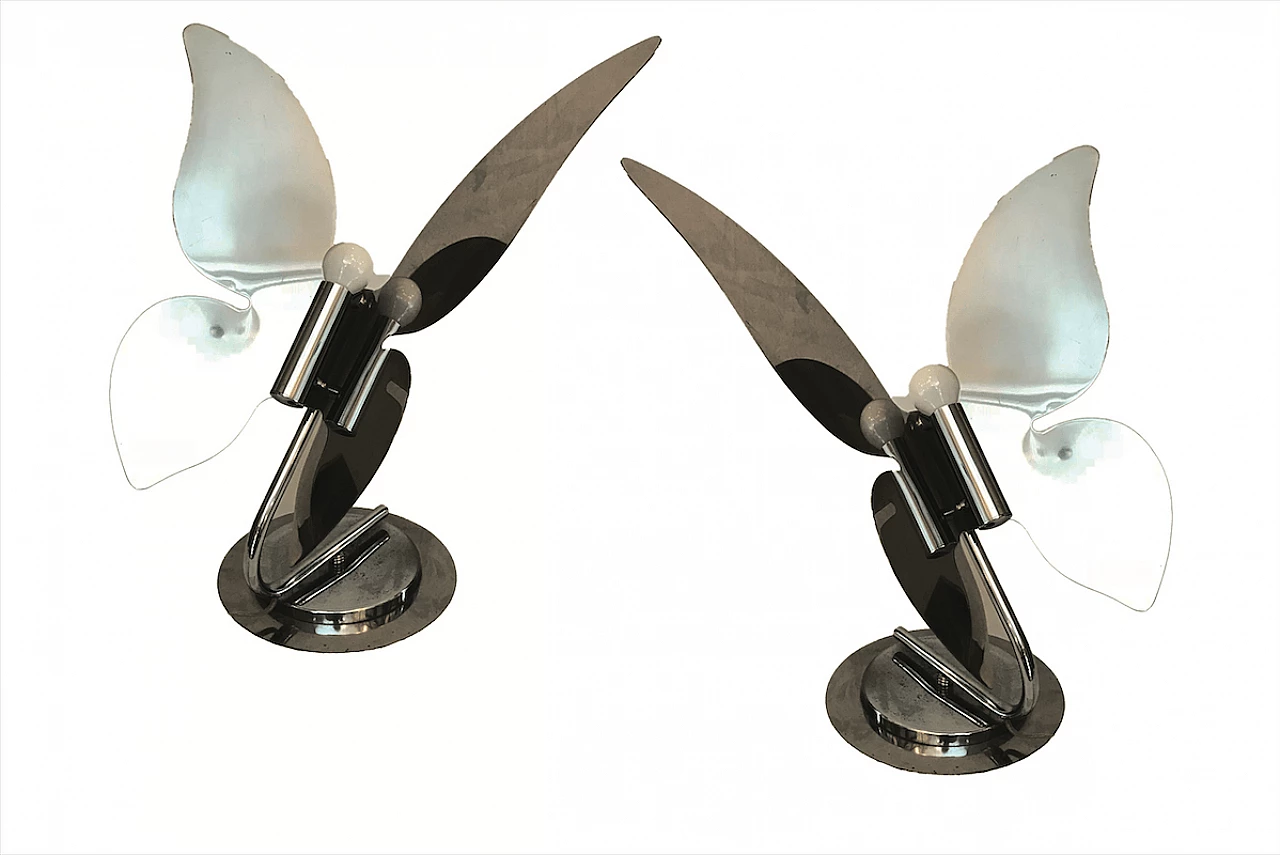 Pair of butterfly-shaped metal table lamps, 80s 1