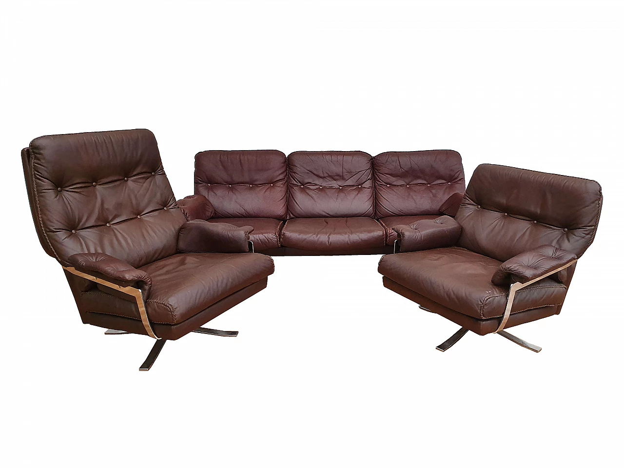 Set di divani Arne Norell, design svedese anni '70, imbottitura originale, pelle, acciaio cromato 1071531