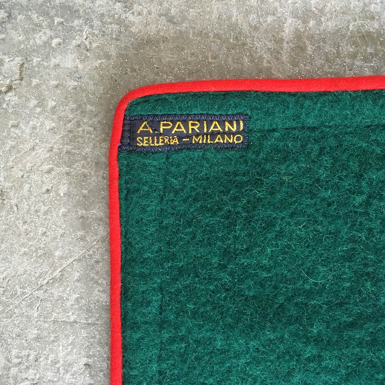 Green handmade Selleria Pariani blanket, pure new wool, red profiles and leather, 1980 1071702