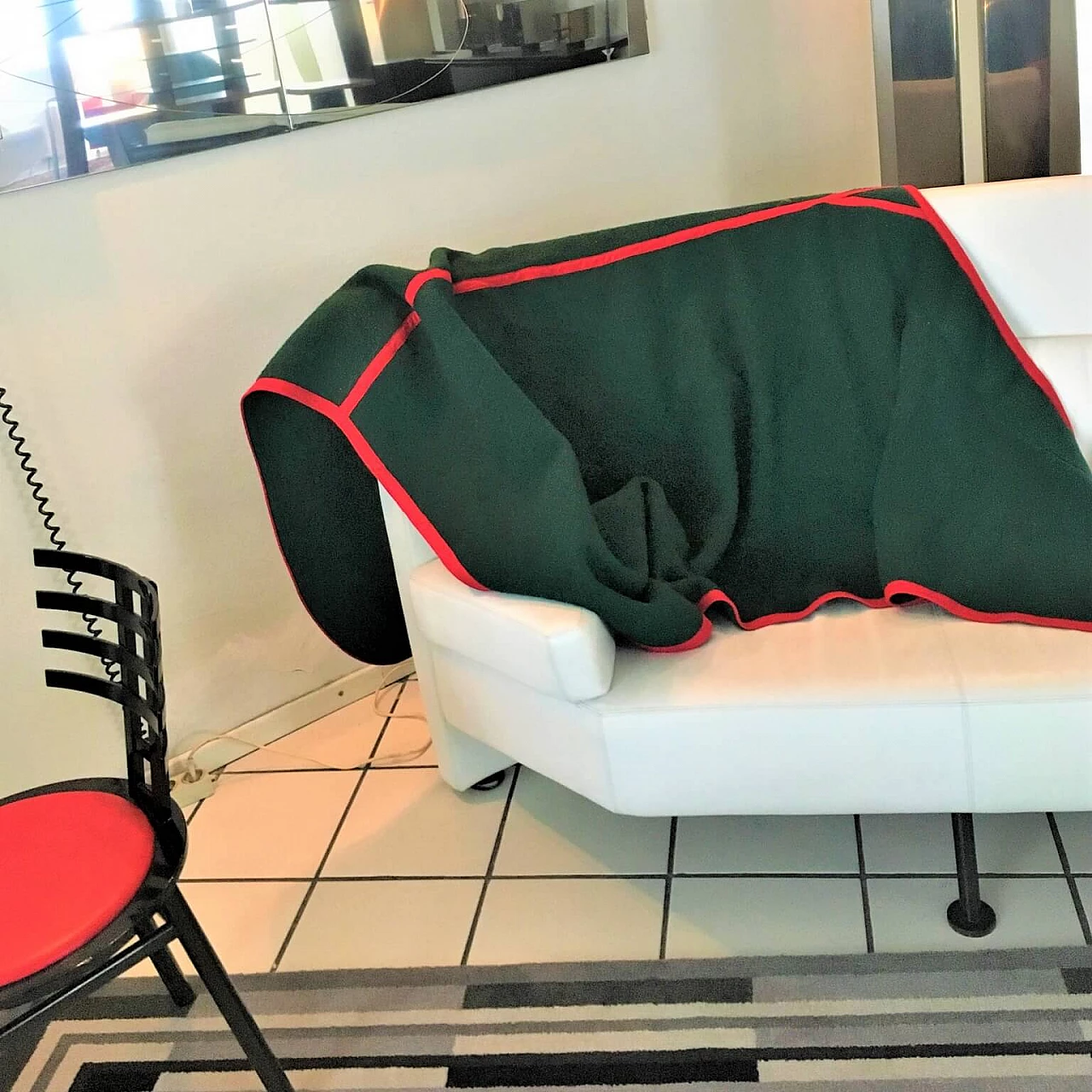 Green handmade Selleria Pariani blanket, pure new wool, red profiles and leather, 1980 1071716