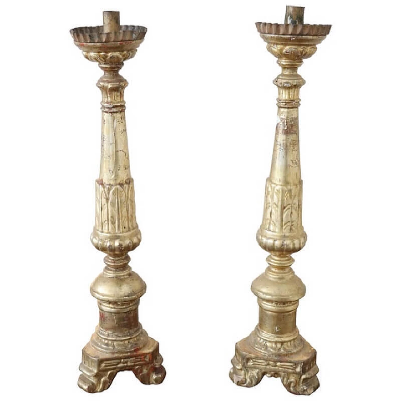 Coppia di candelieri antichi in legno intagliato dorato con foglia oro Sec XIX 1071797