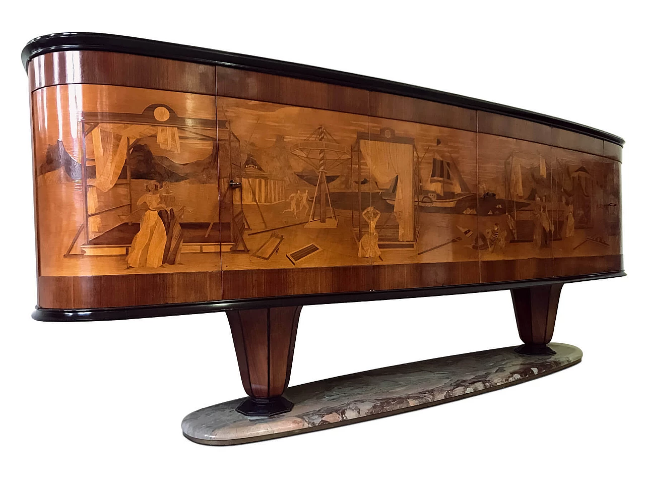 Italian Art Deco Sideboard Buffet by Vittorio Dassi with Big Inlaid Scene, 1940s 1072319