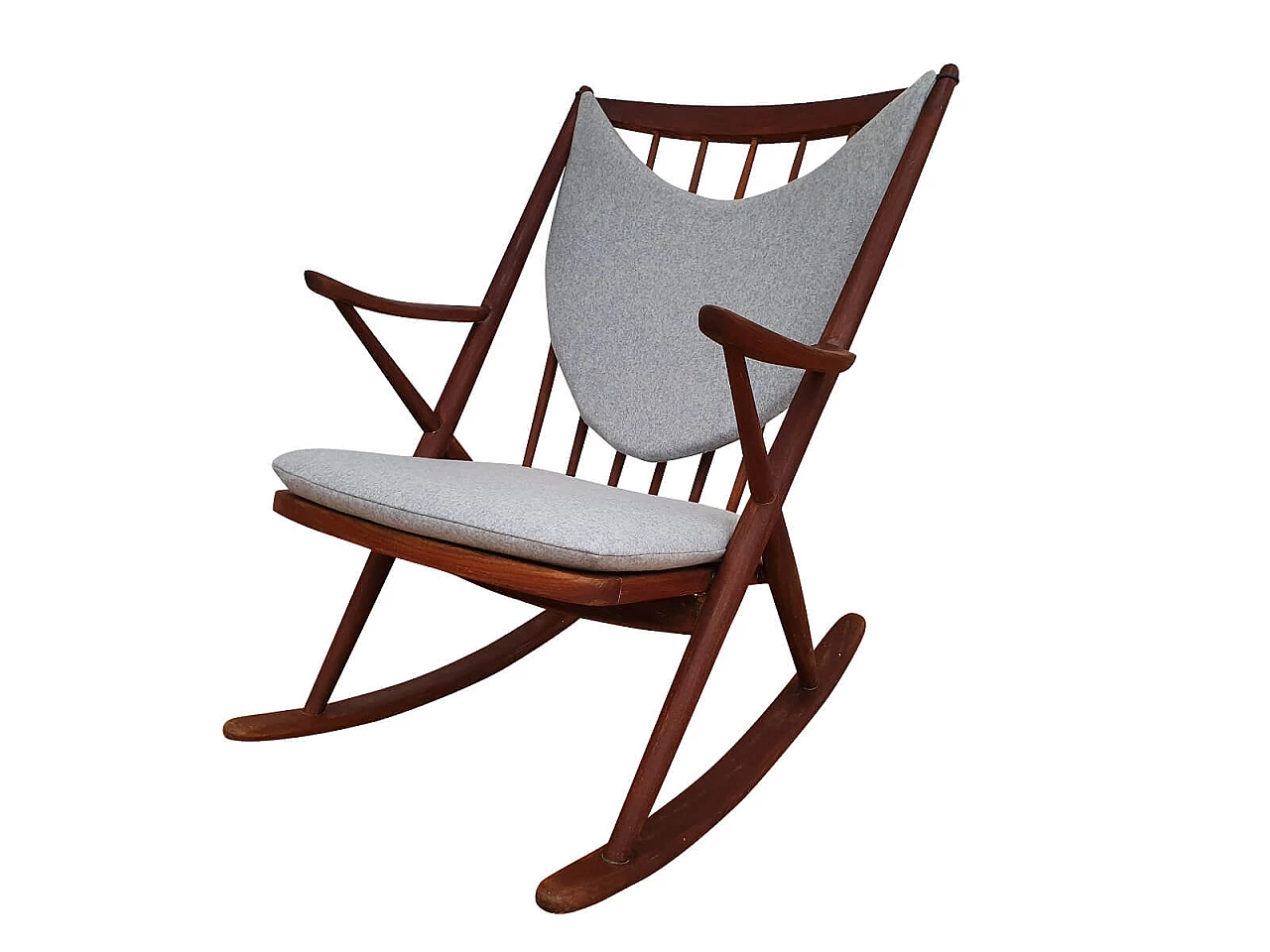 Design danese, sedia a dondolo di Frank Reenskaug, legno di teak, lana, cuscini completamente nuovi 1072388