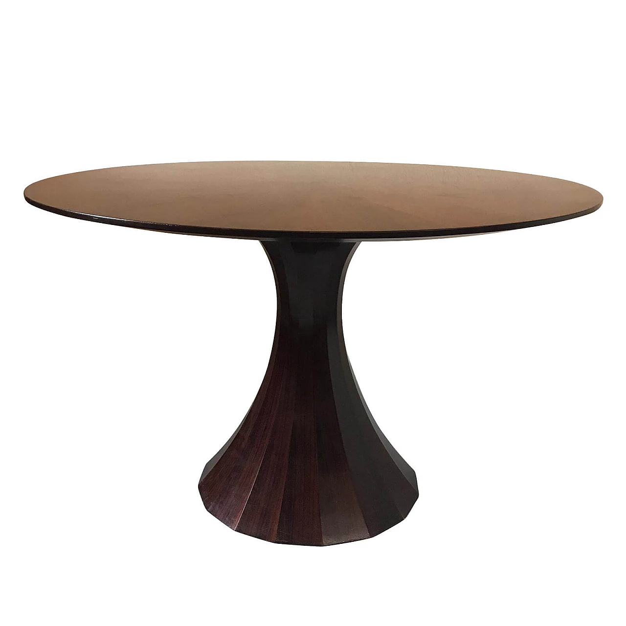 Round Wooden table by L. Massoni, Carlo De Carli, with multi faced central leg, 50s 1072401