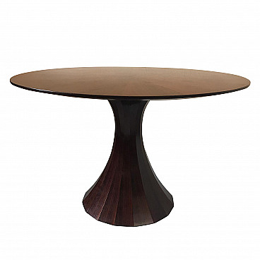Round Wooden table by L. Massoni, Carlo De Carli, with multi faced central leg, 50s
