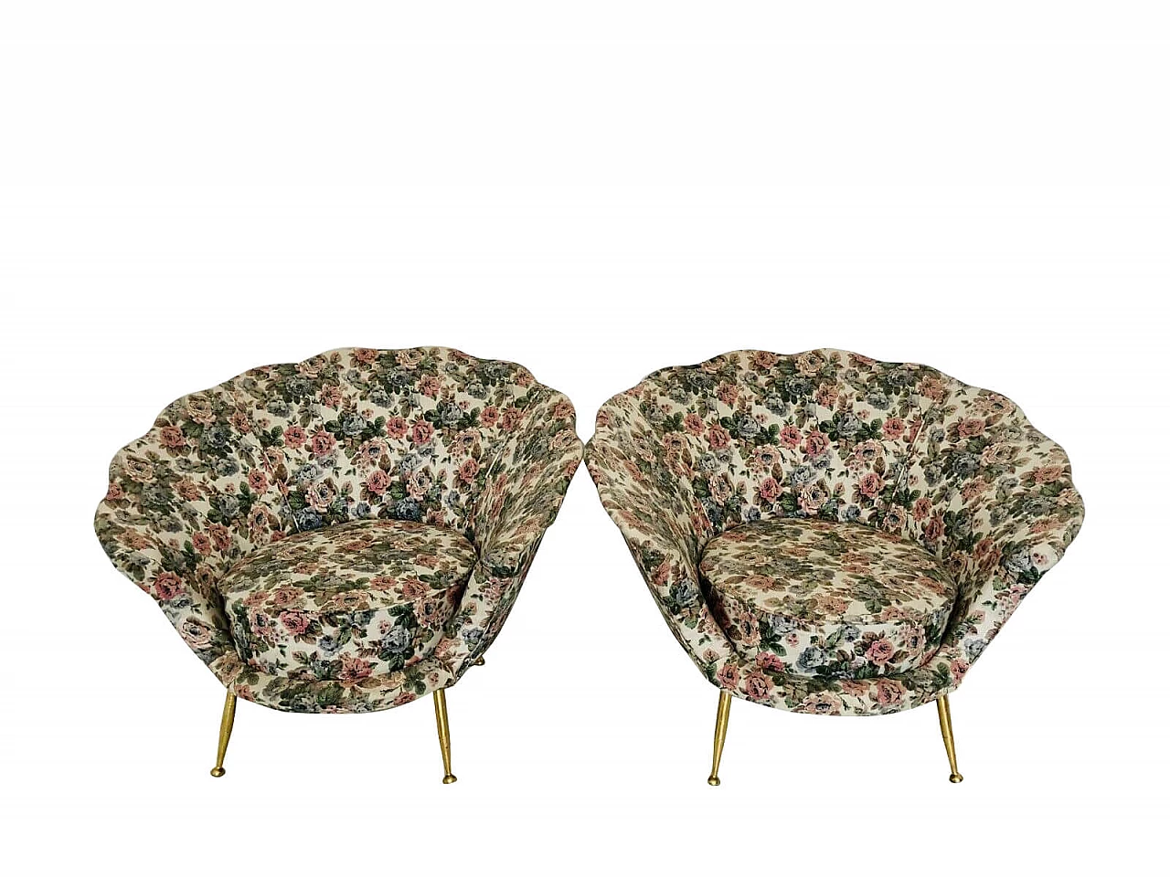 Coppia di poltrone a conchiglia, tessuto floreale, anni '60 1072908
