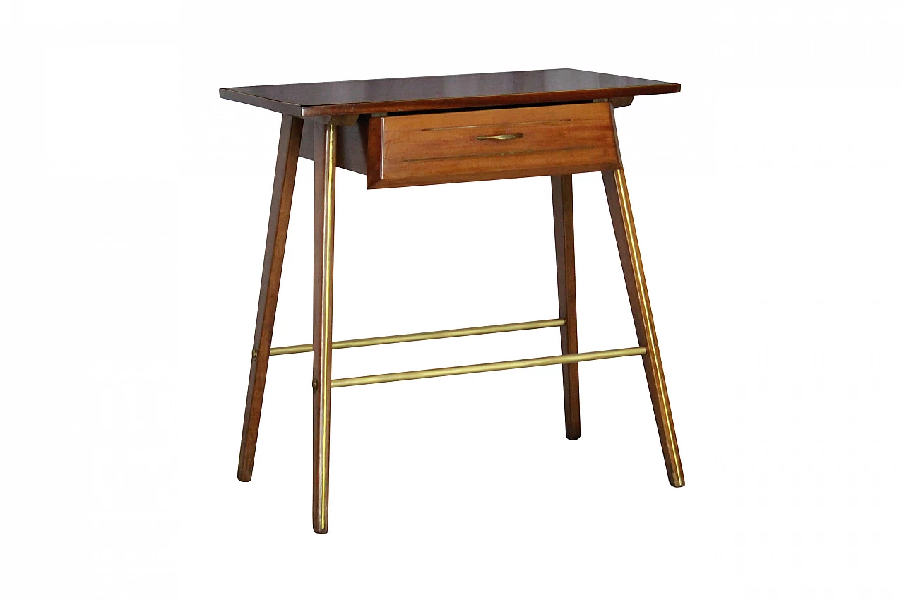 Vintage teak wood and brass side table, 50s 1072925