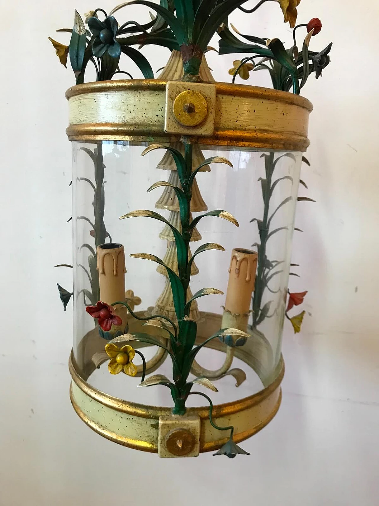 Metal and wood lantern with floral motifs, Italy, 50s 3