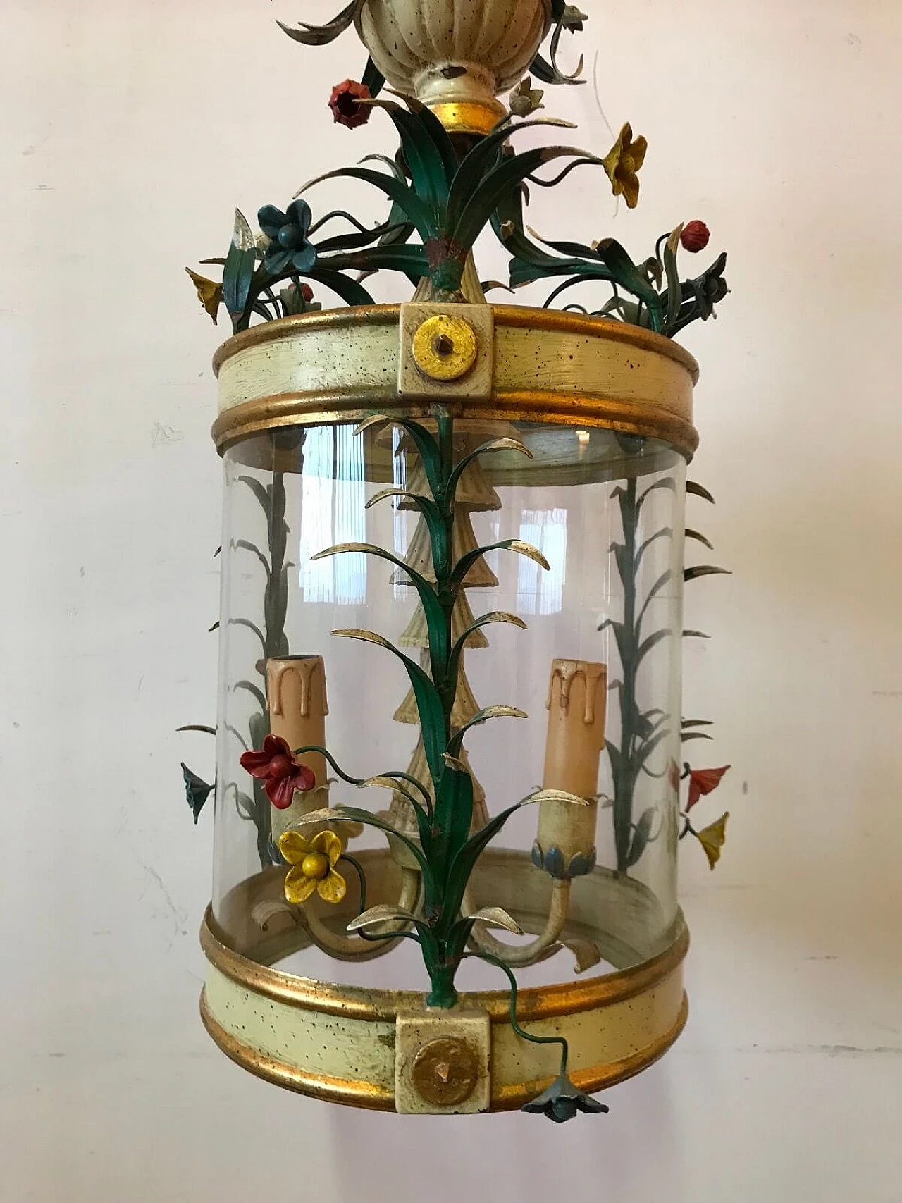 Metal and wood lantern with floral motifs, Italy, 50s 4