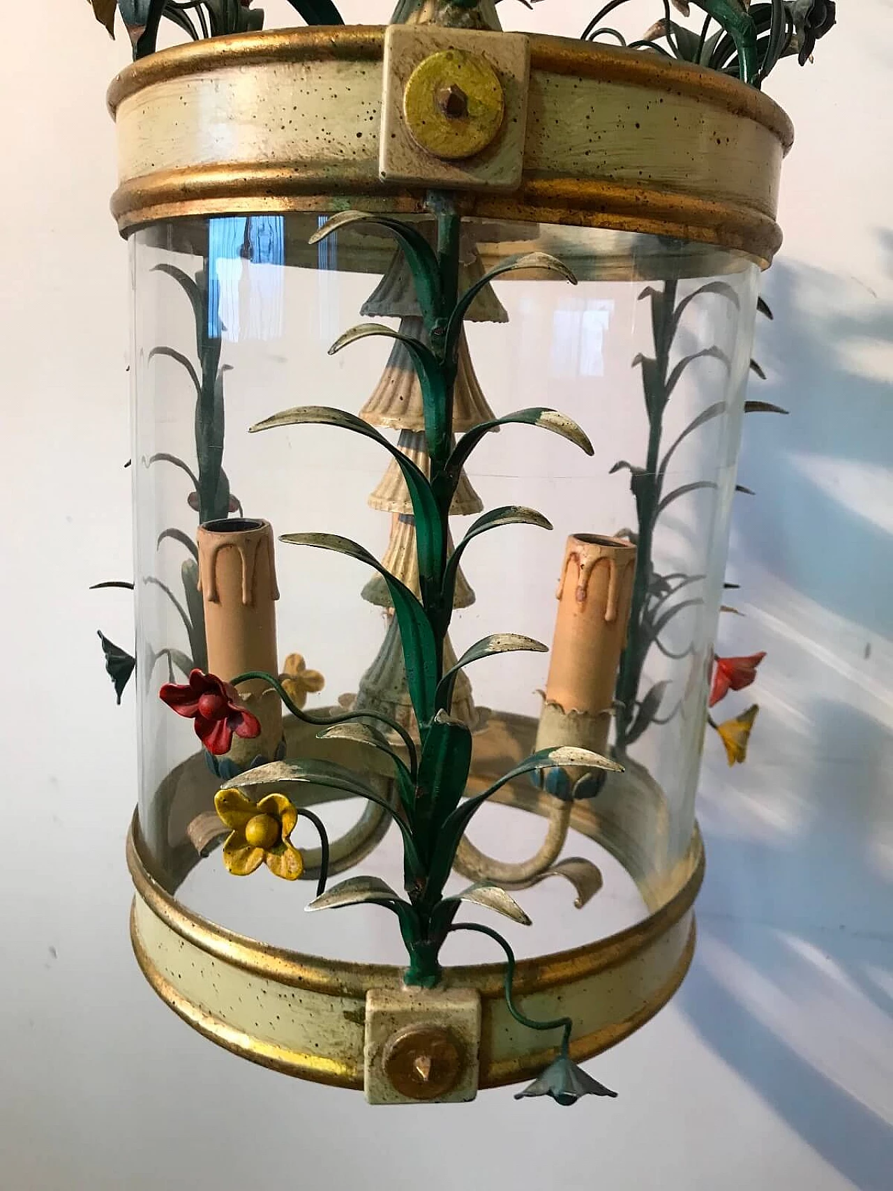 Metal and wood lantern with floral motifs, Italy, 50s 5
