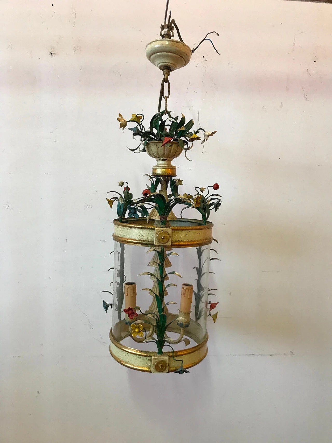 Metal and wood lantern with floral motifs, Italy, 50s 2