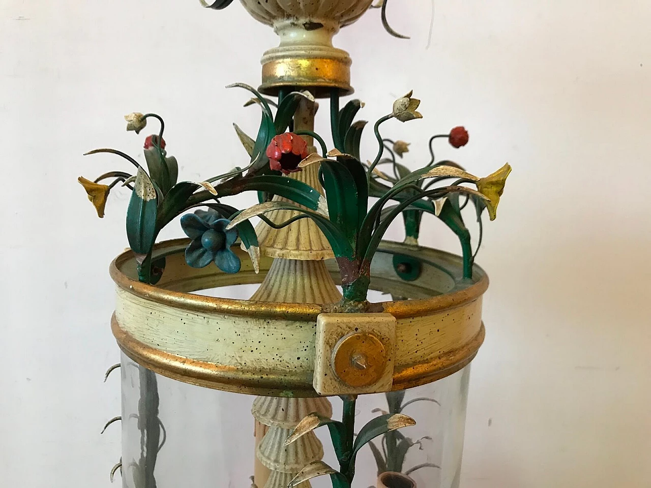 Metal and wood lantern with floral motifs, Italy, 50s 6