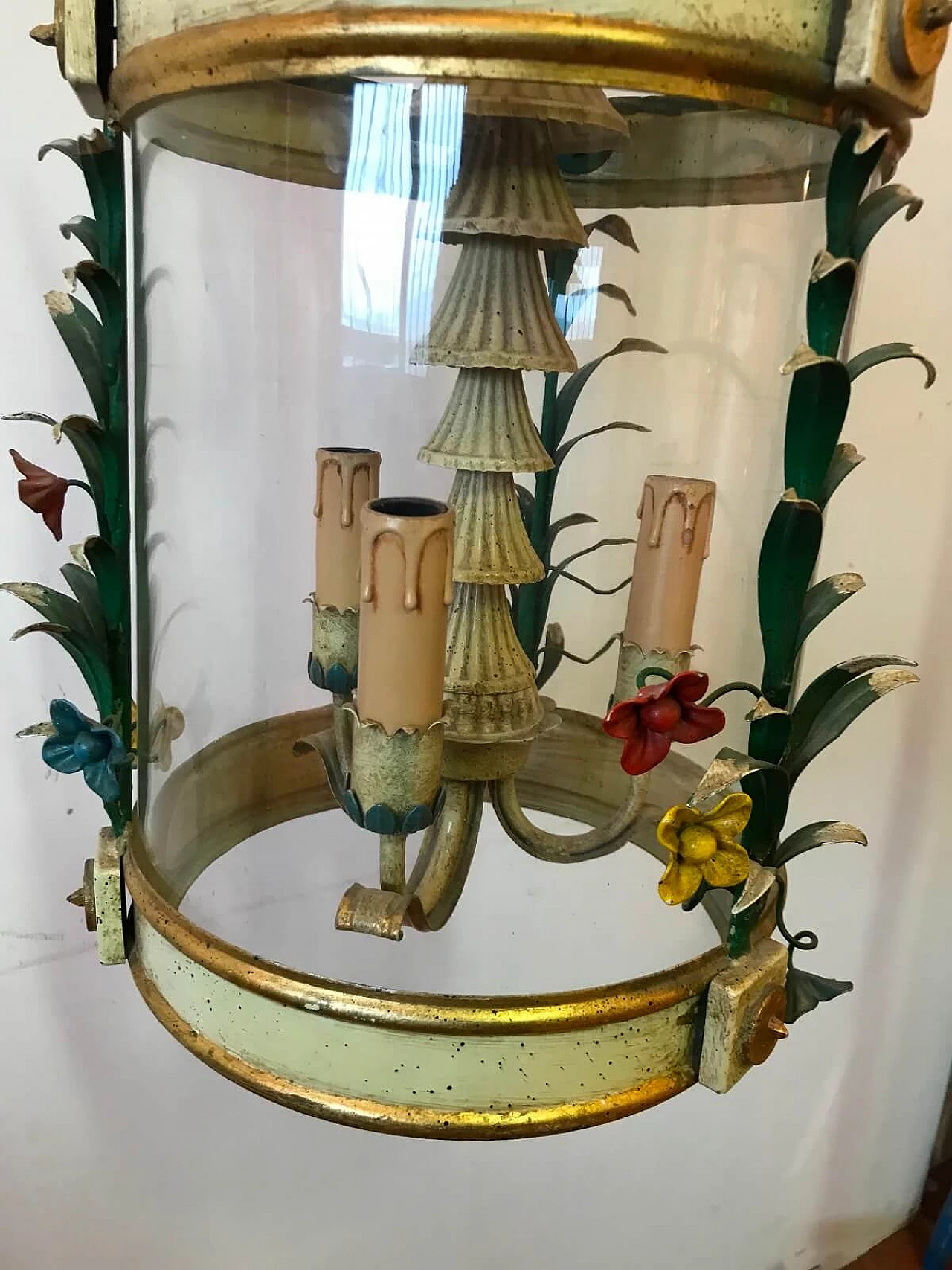 Metal and wood lantern with floral motifs, Italy, 50s 8