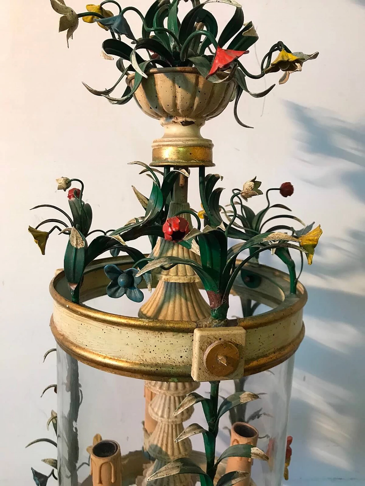 Metal and wood lantern with floral motifs, Italy, 50s 9