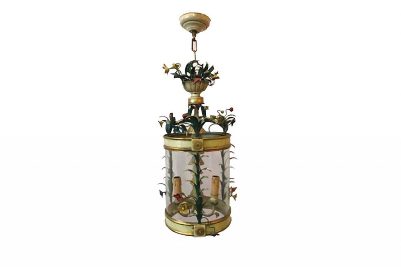 Metal and wood lantern with floral motifs, Italy, 50s 1