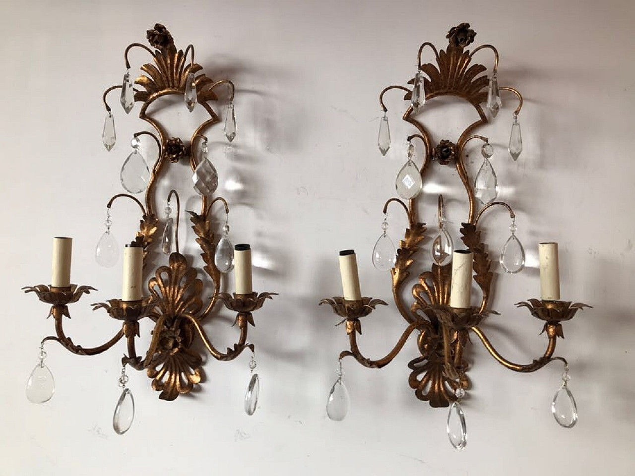 Pair of metal and glass wall lamps, Italy, 60s 6