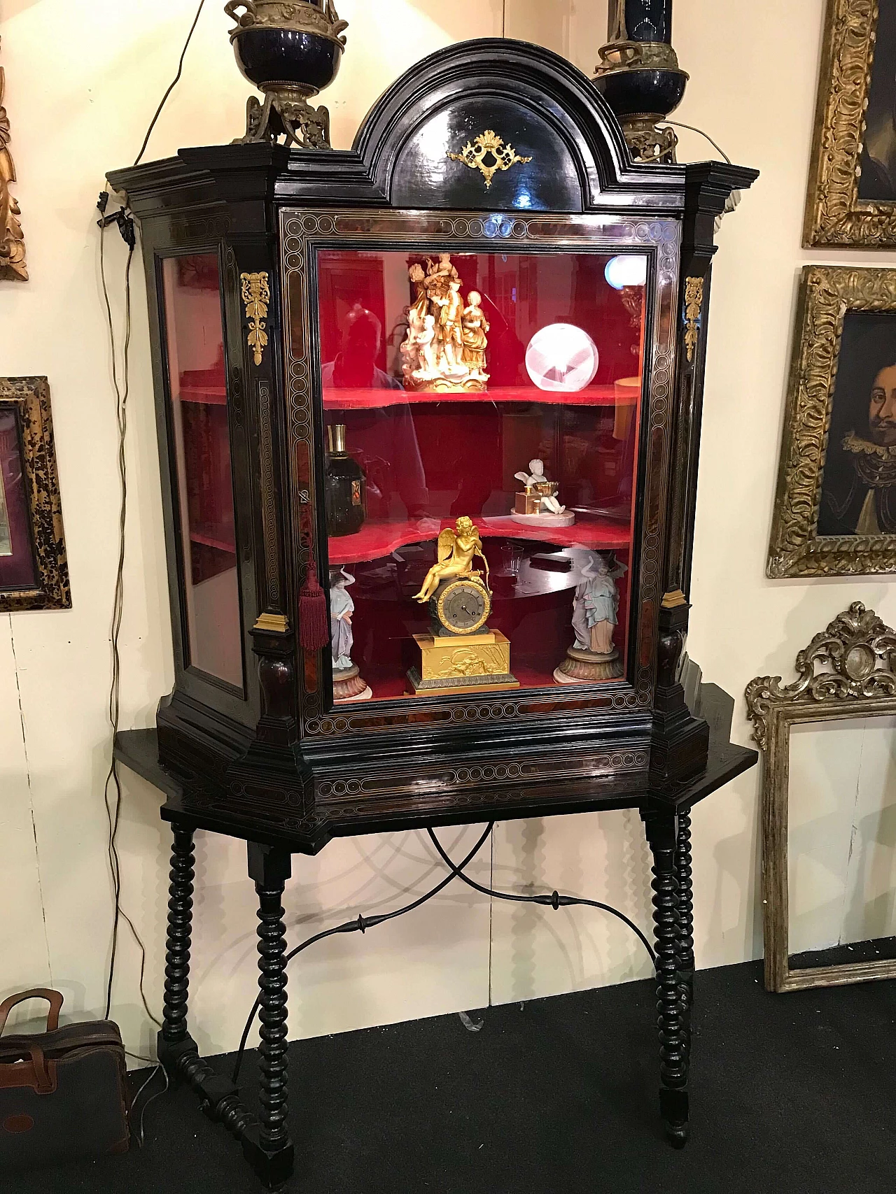 Antique French ebonized cabinet or showcase with turtleshell details, 18th century 1073131