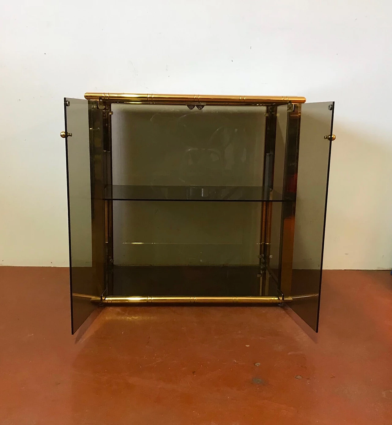 Smoke glass and brass cabinet, Italy '70s 3