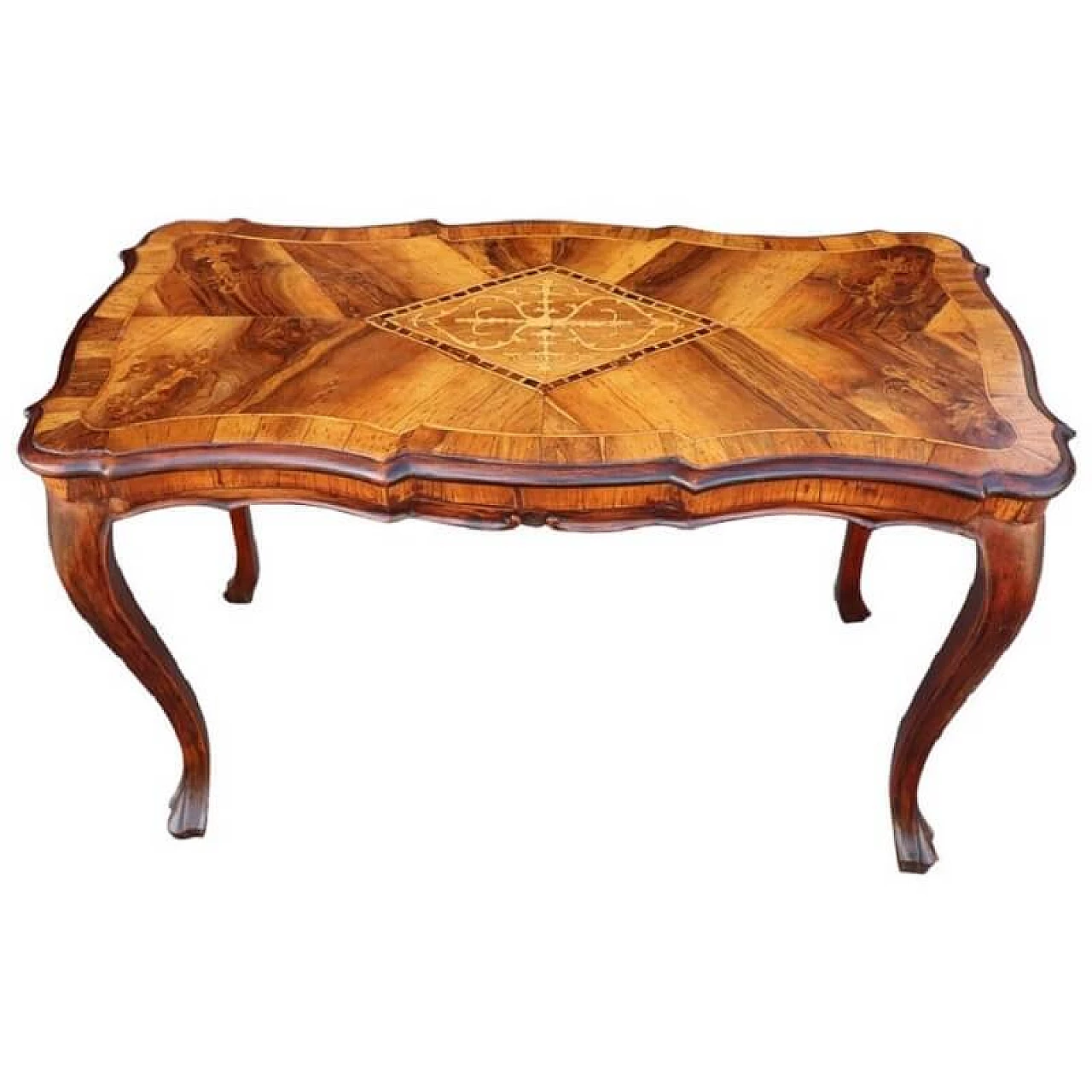 Elegante tavolino antico in noce intarsiato, inizi sec XX 1073292
