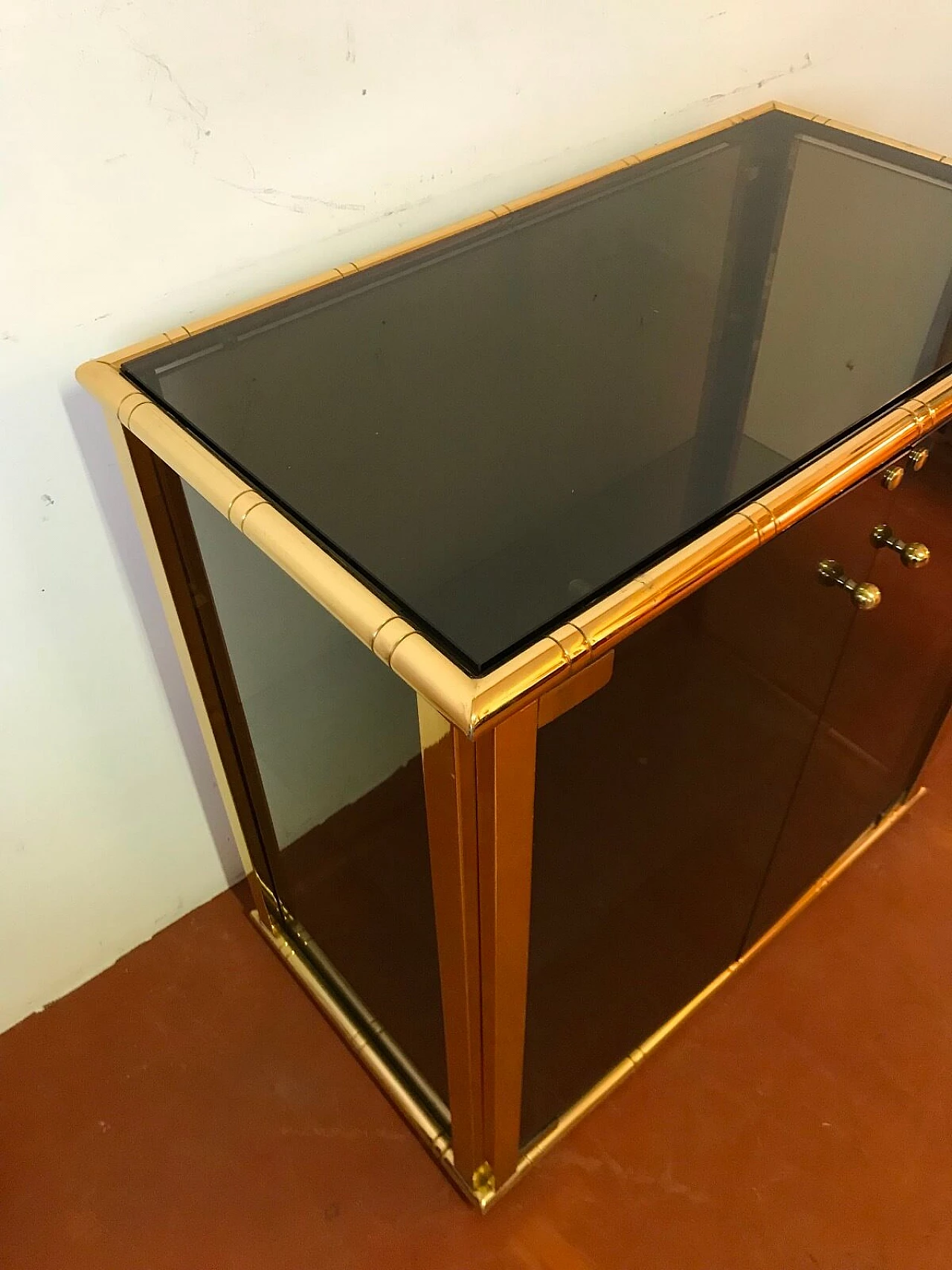 Smoke glass and brass cabinet, Italy '70s 2
