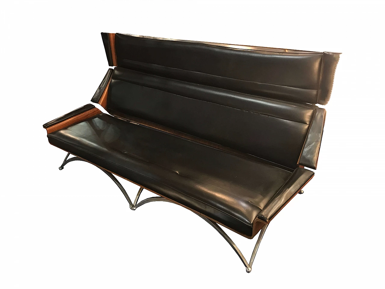Mid-century Miller style sofa in wood and black faux leather, Italy, 1960s 1073326