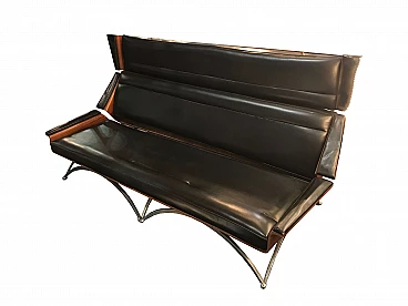 Mid-century Miller style sofa in wood and black faux leather, Italy, 1960s