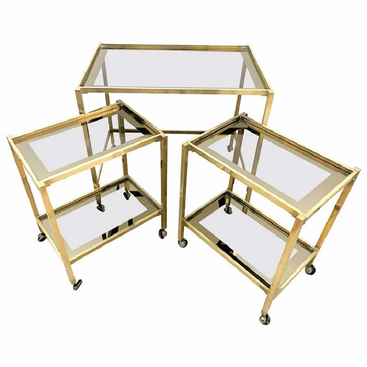Set of 3 Italian design trolleys, brass and glass, Italy, 70s 1073400