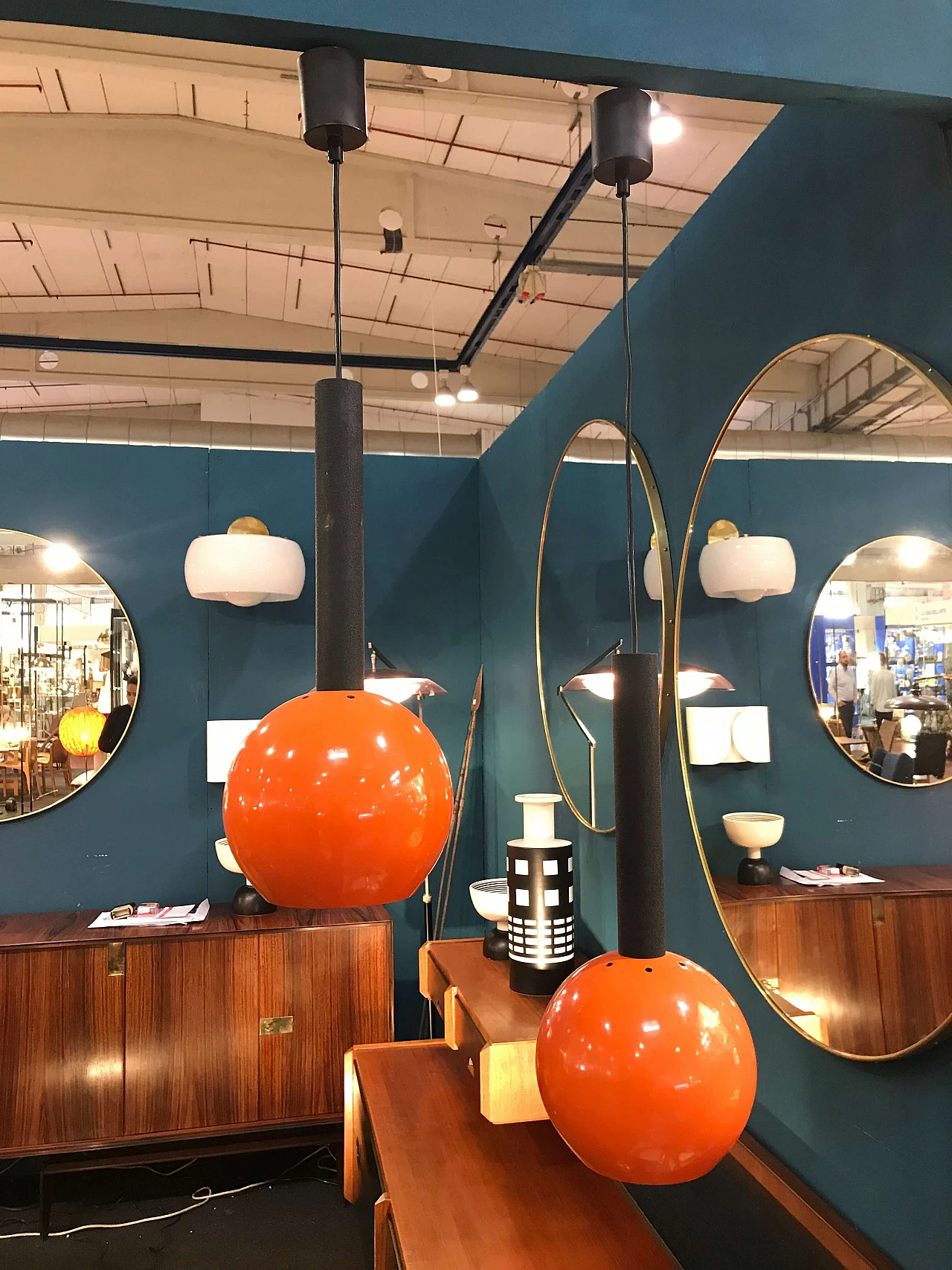 Pair of orange ceiling lamps, Reggiani, 1960s 1073835