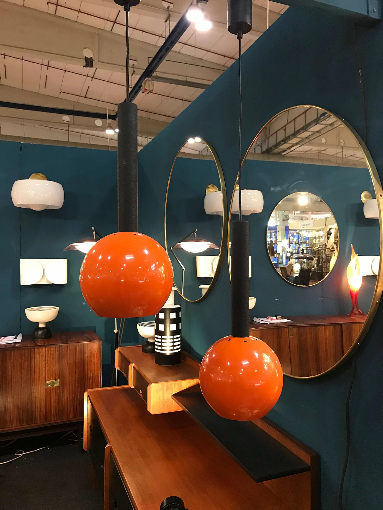 Pair of orange ceiling lamps, Reggiani, 1960s 1073838