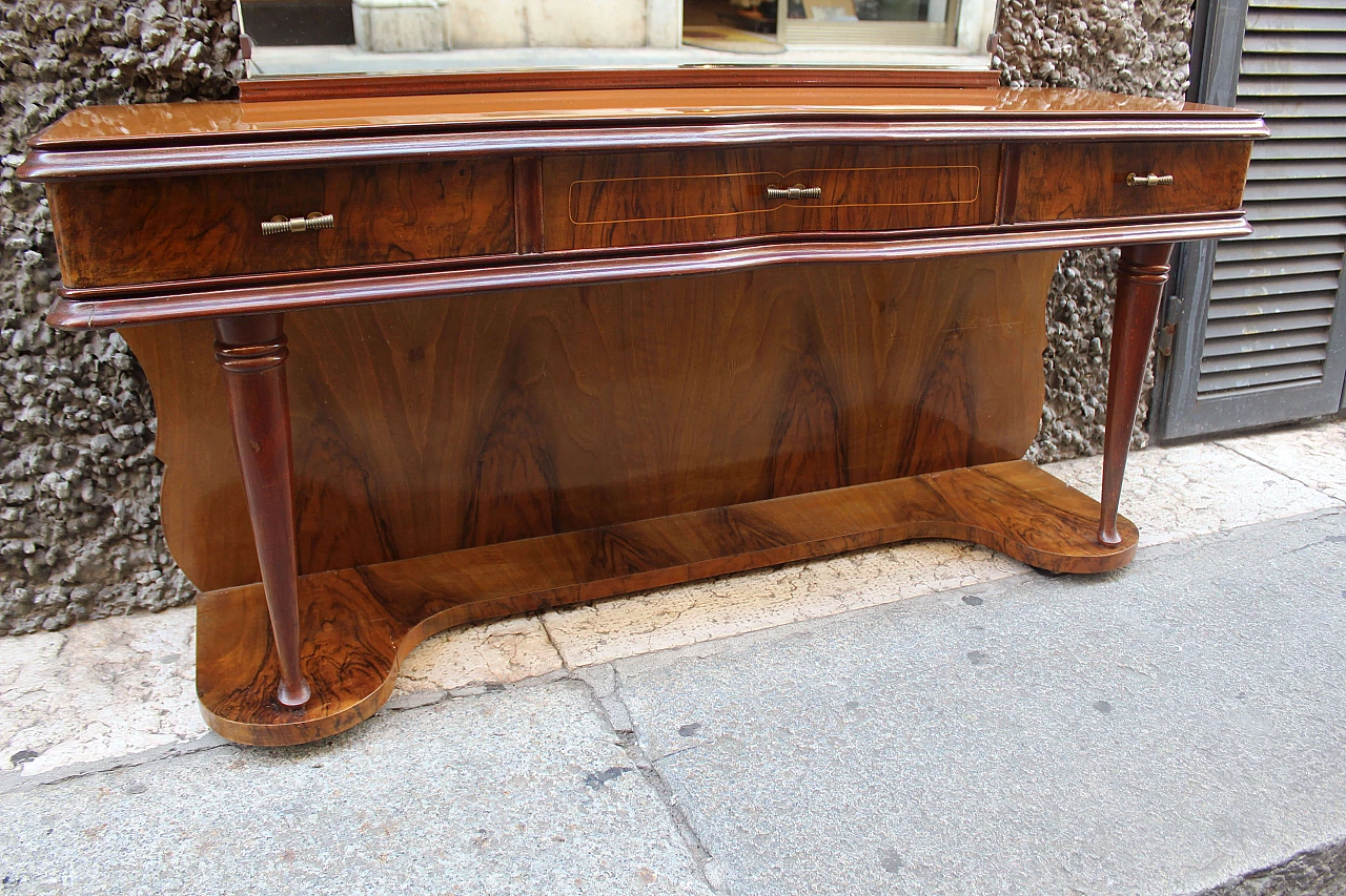 Large walnut and briar console table with glass top and mirror, Italy, 50s 1074102