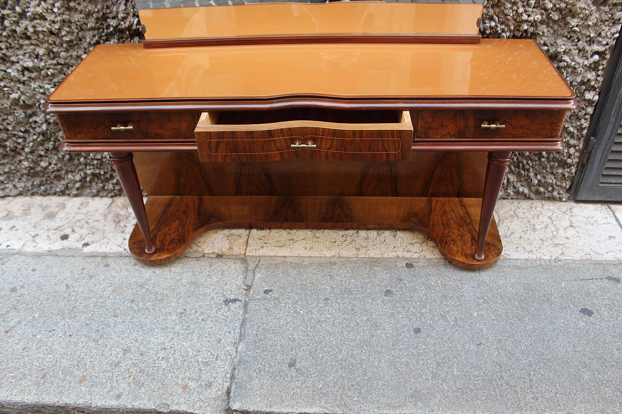Large walnut and briar console table with glass top and mirror, Italy, 50s 1074103