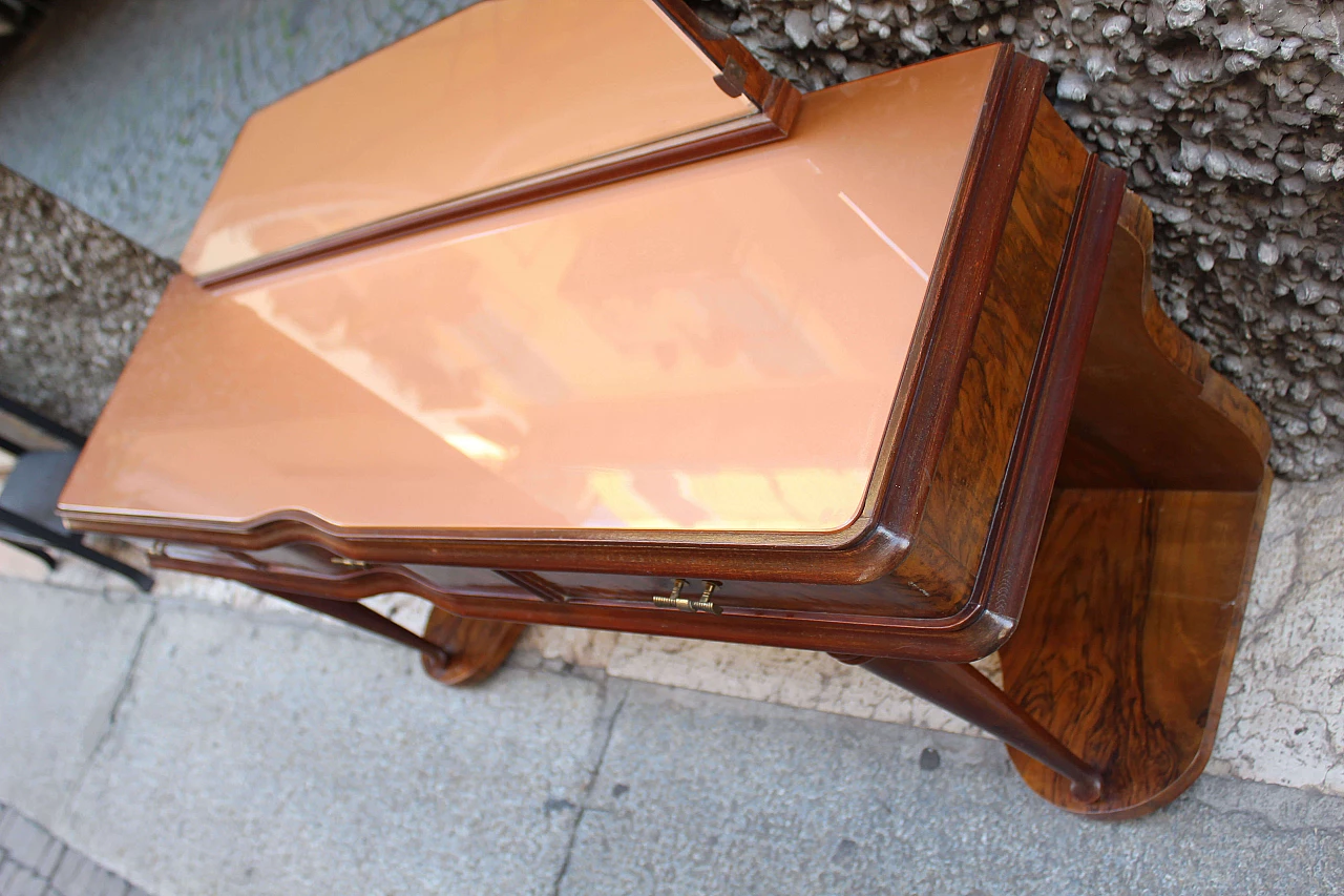 Large walnut and briar console table with glass top and mirror, Italy, 50s 1074107