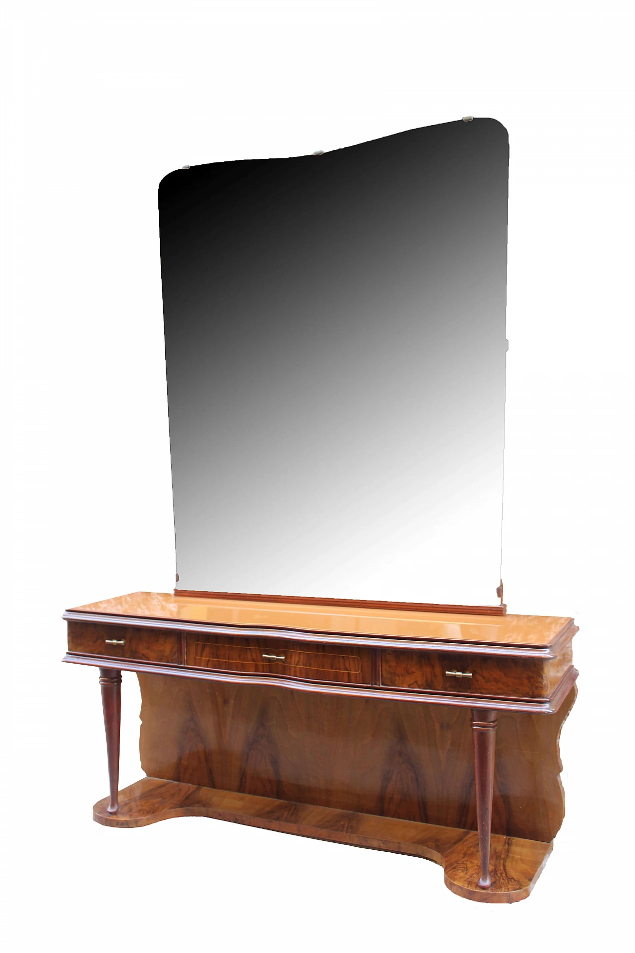 Large walnut and briar console table with glass top and mirror, Italy, 50s 1074117