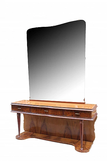 Large walnut and briar console table with glass top and mirror, Italy, 50s