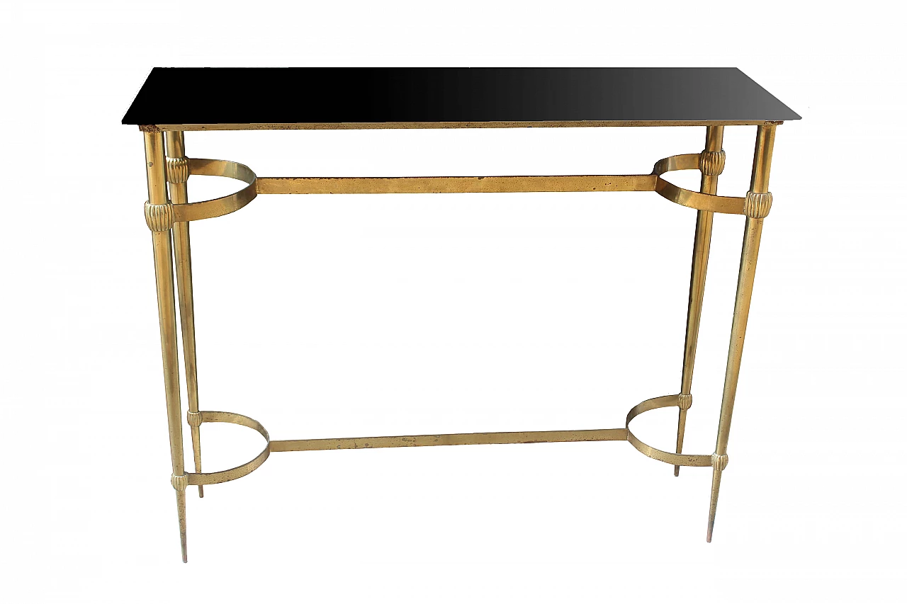 Consolle in ottone con piano in vetro scuro, Italia, anni '50 1074139