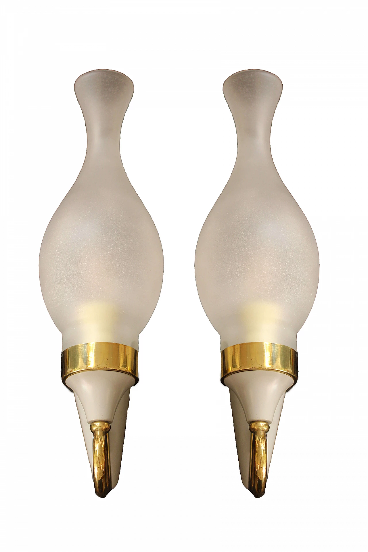 Pair of Italian sconces in brass and satin-finish glass, Italy, 1950s 1074203