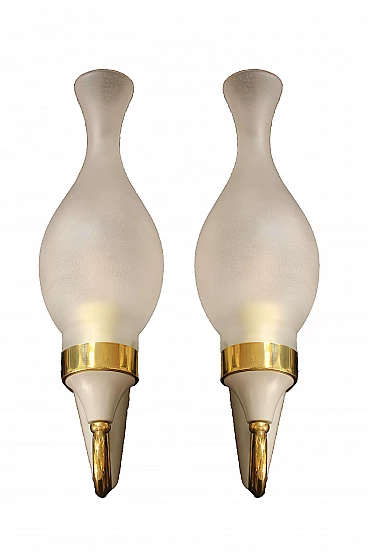 Pair of Italian sconces in brass and satin-finish glass, Italy, 1950s