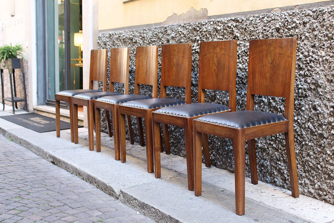 6 sedie in legno di noce e pelle, anni '40 1074218