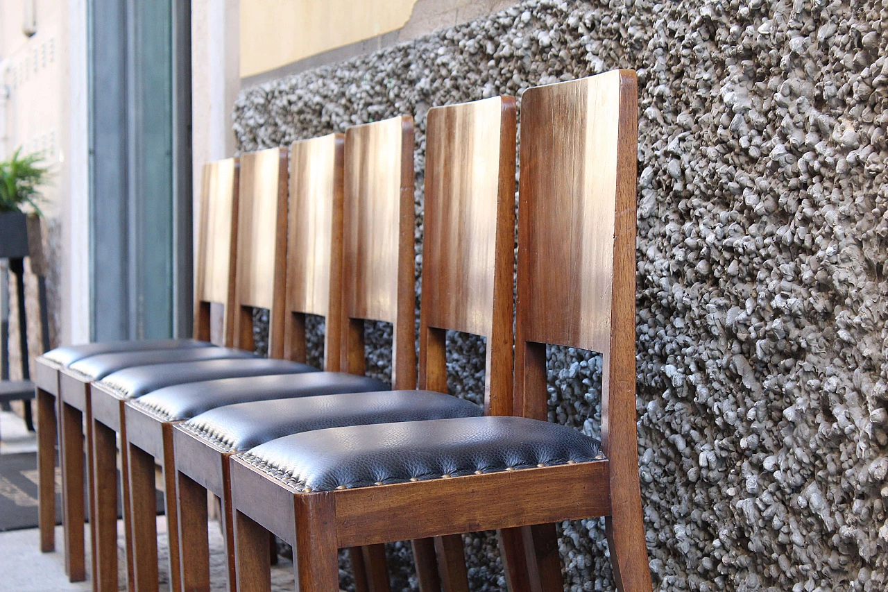 6 sedie in legno di noce e pelle, anni '40 1074220