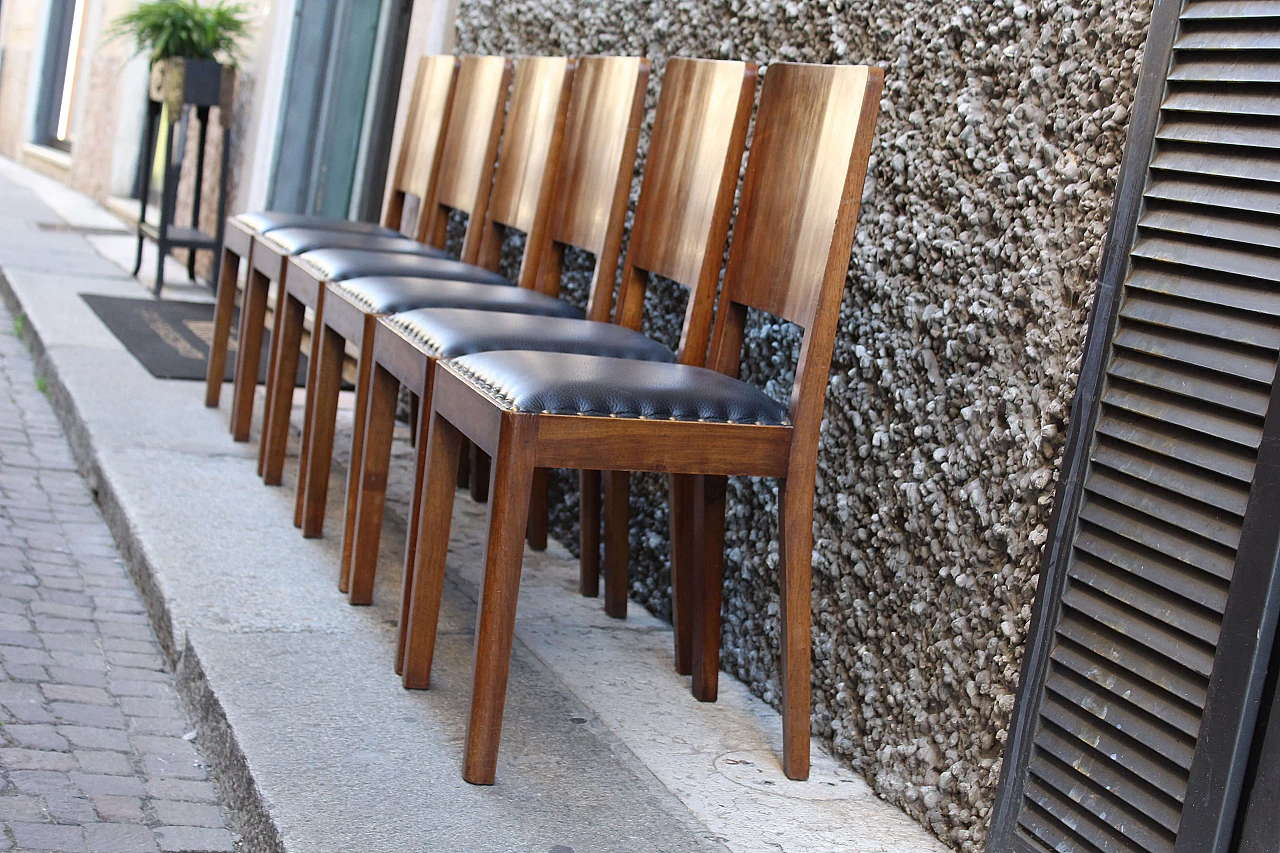 6 sedie in legno di noce e pelle, anni '40 1074221