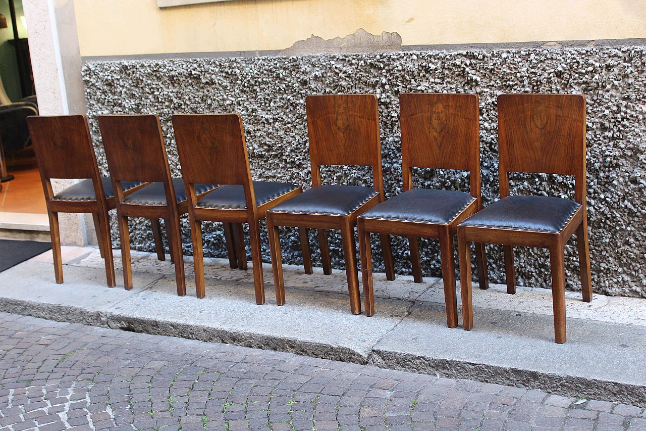 6 sedie in legno di noce e pelle, anni '40 1074225