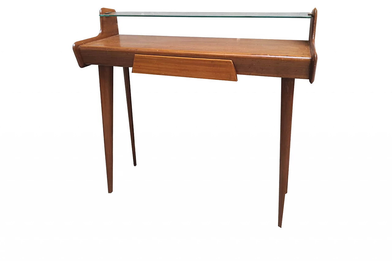 Consolle in legno con ripiano in vetro anni '60  1