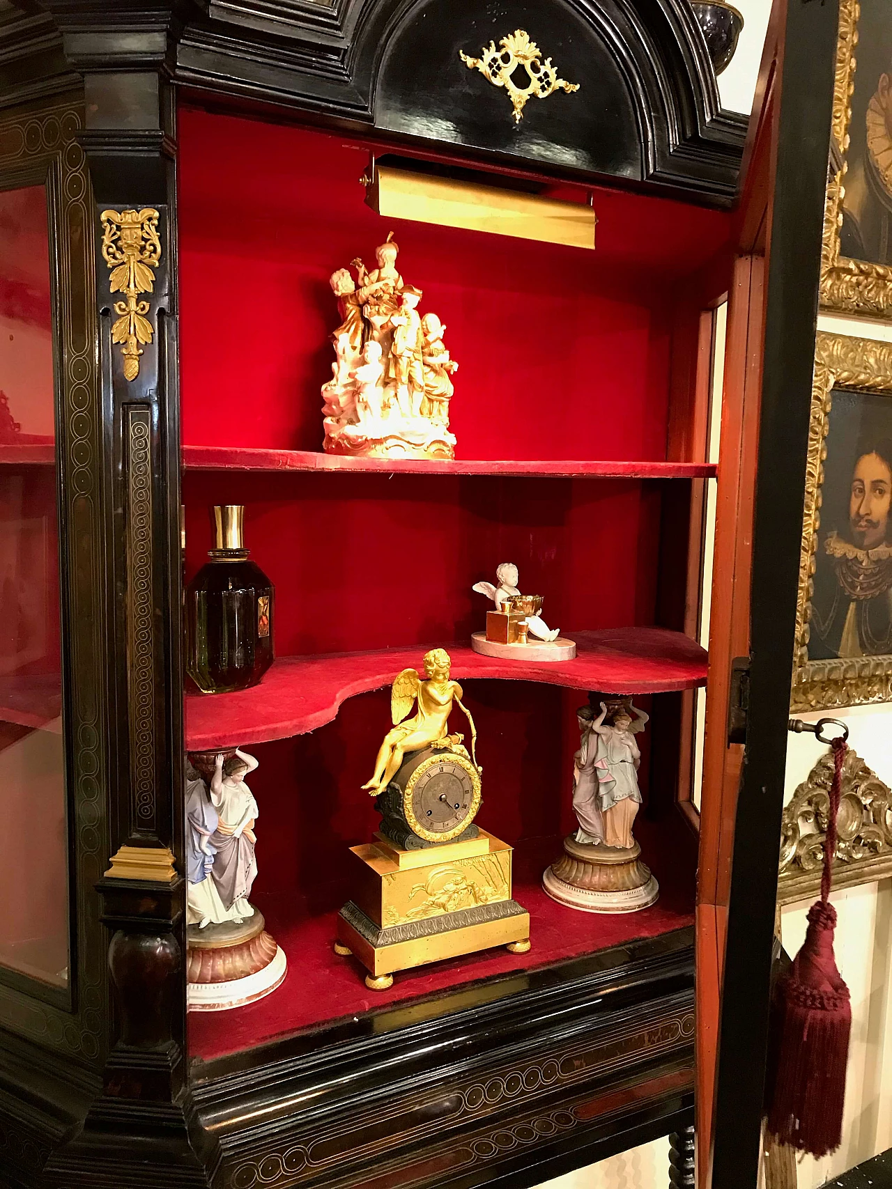 Antique French ebonized cabinet or showcase with turtleshell details, 18th century 1074579