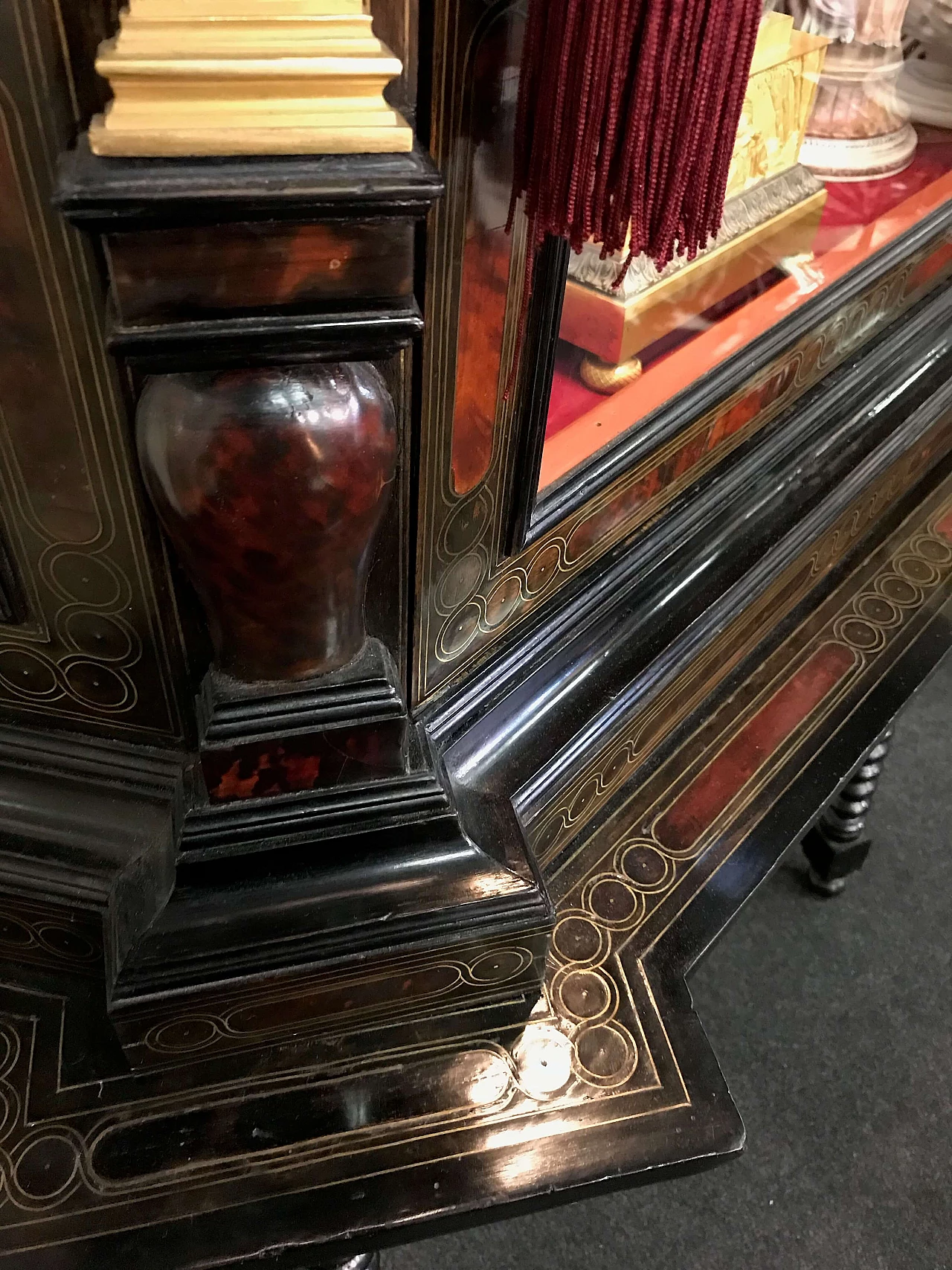 Antique French ebonized cabinet or showcase with turtleshell details, 18th century 1074581