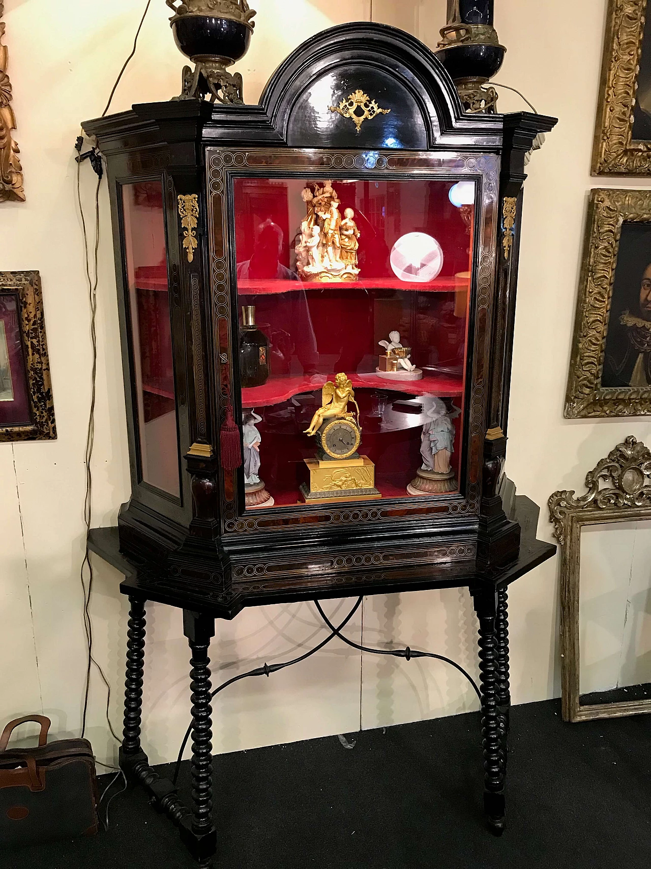 Antique French ebonized cabinet or showcase with turtleshell details, 18th century 1074583