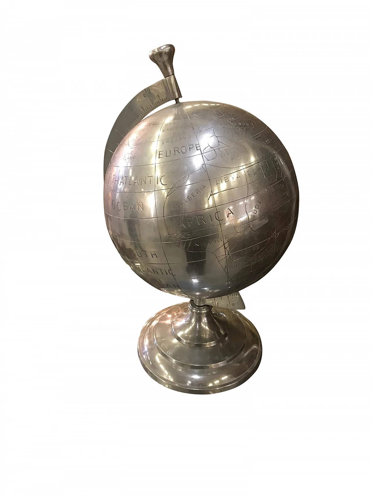 Mappamondo da tavolo in alluminio, Inghilterra, anni ‘70 1074619