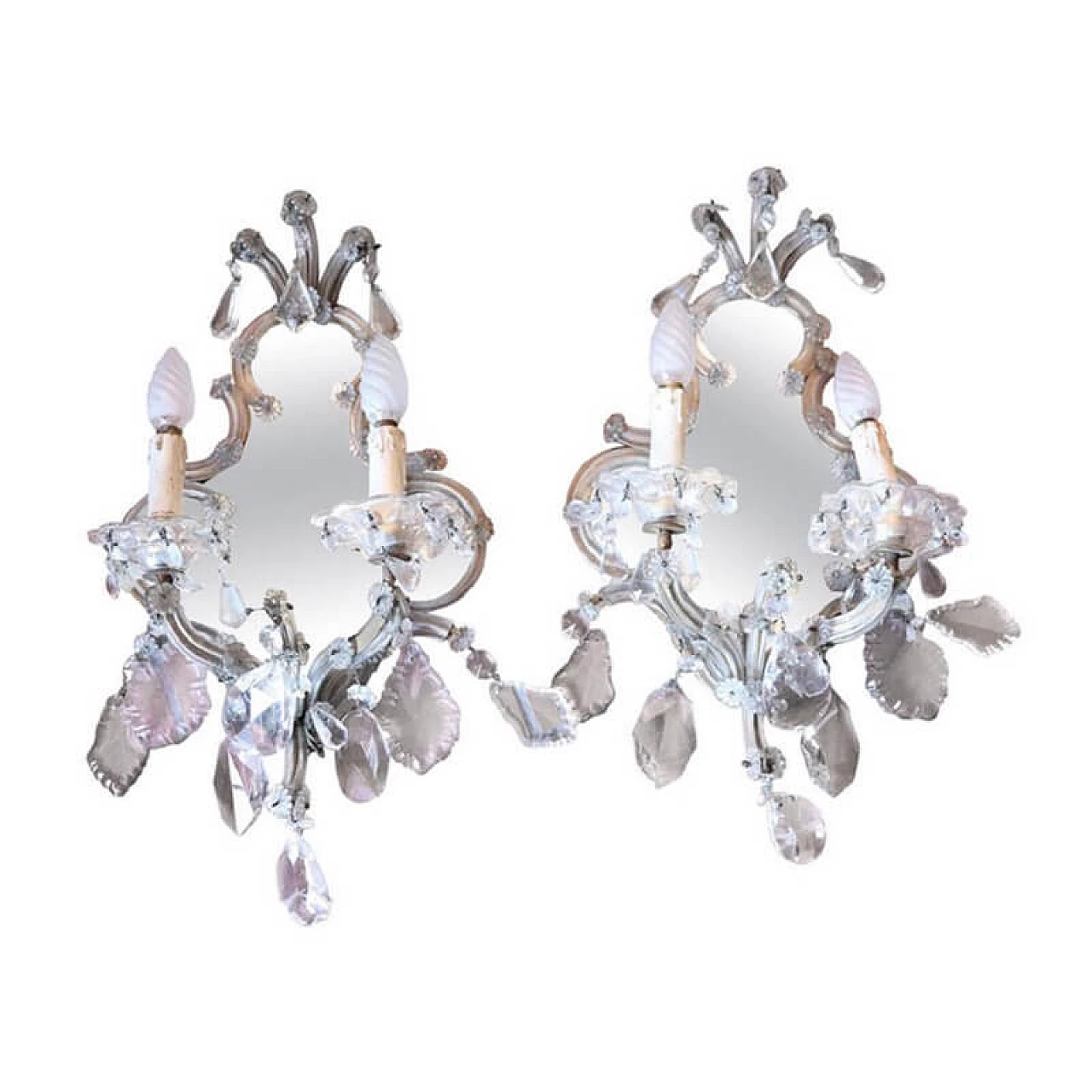Coppia di applique antiche Maria Teresa due luci con specchio e cristalli, sec XIX 1074831