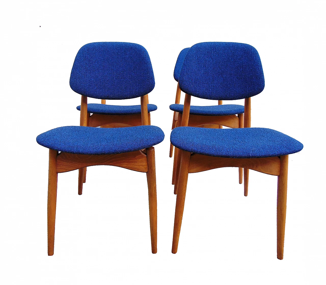 4 Beech chairs with blue fabric, 1950s 1075210