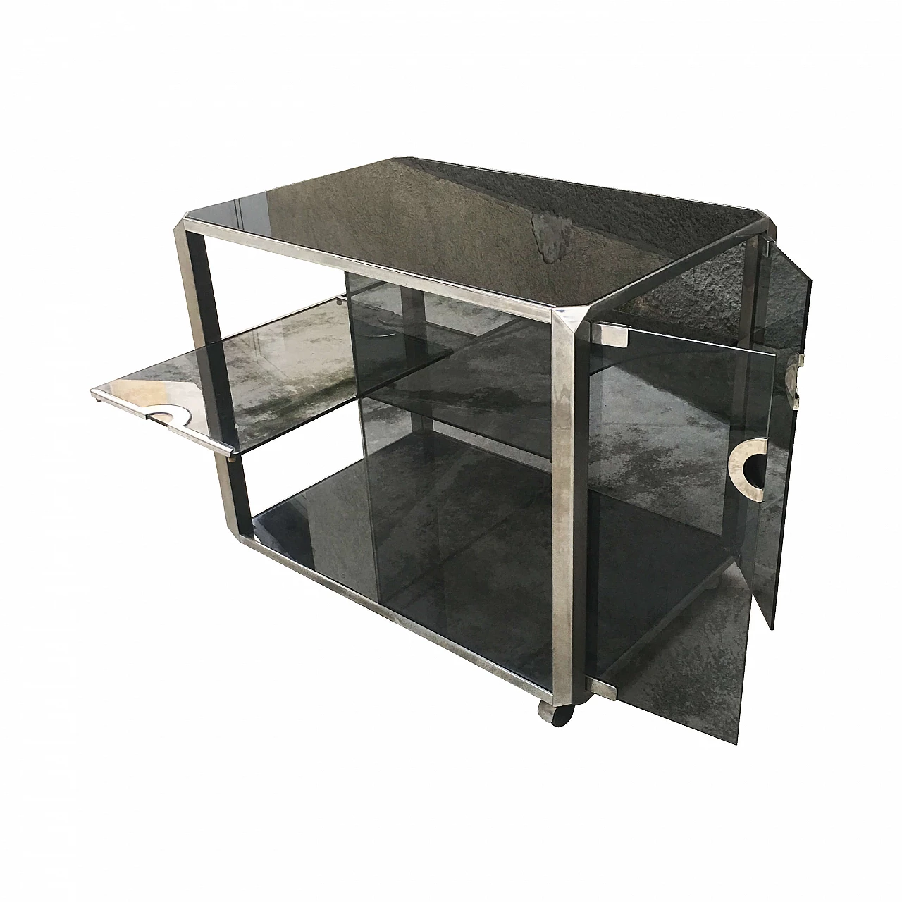 Willy Rizzo's bar trolley, chromed with smoked glass, 70s 1075395